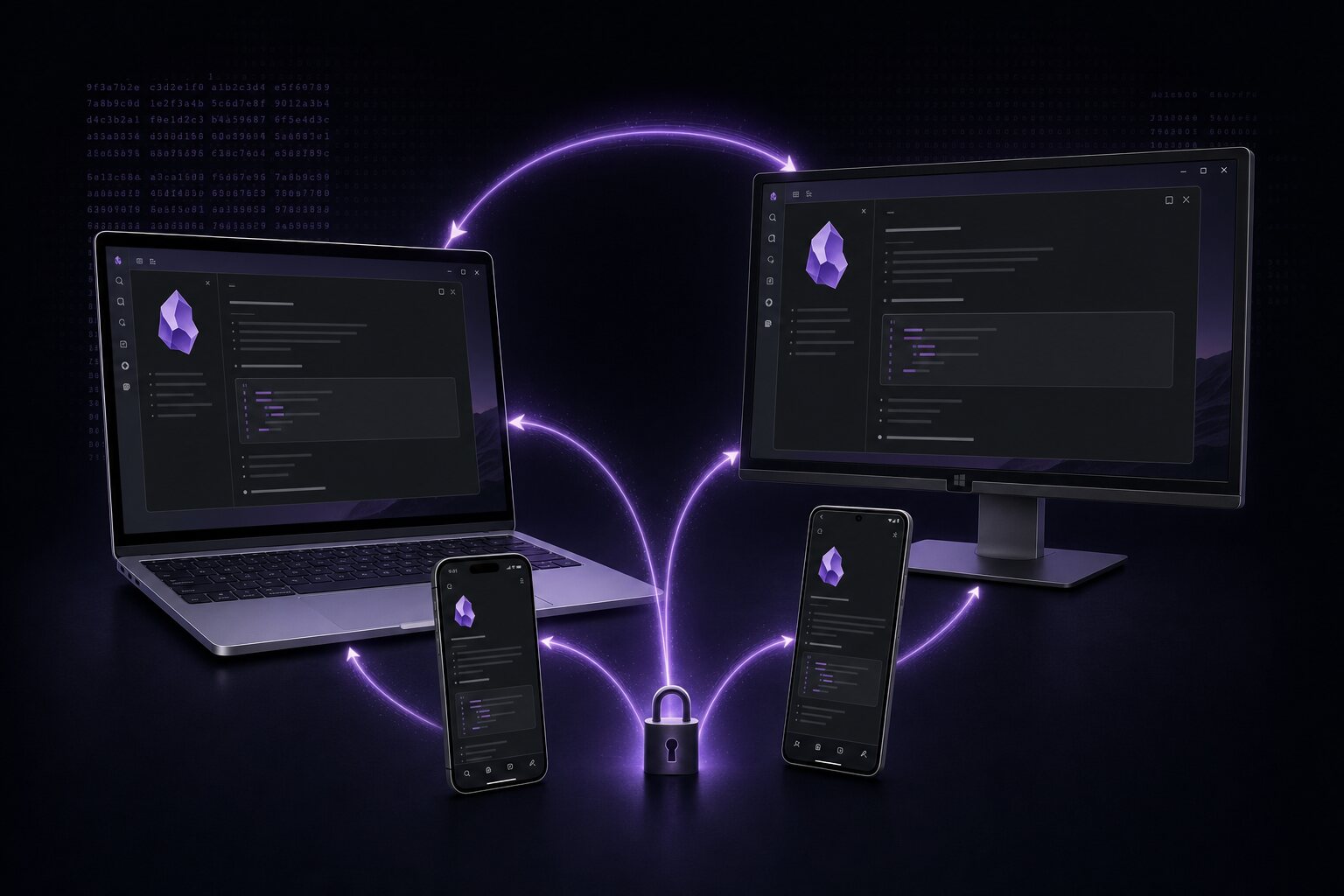 An Obsidian vault syncing across a MacBook, Windows desktop, iPhone and Android phone, secured by end-to-end encryption.